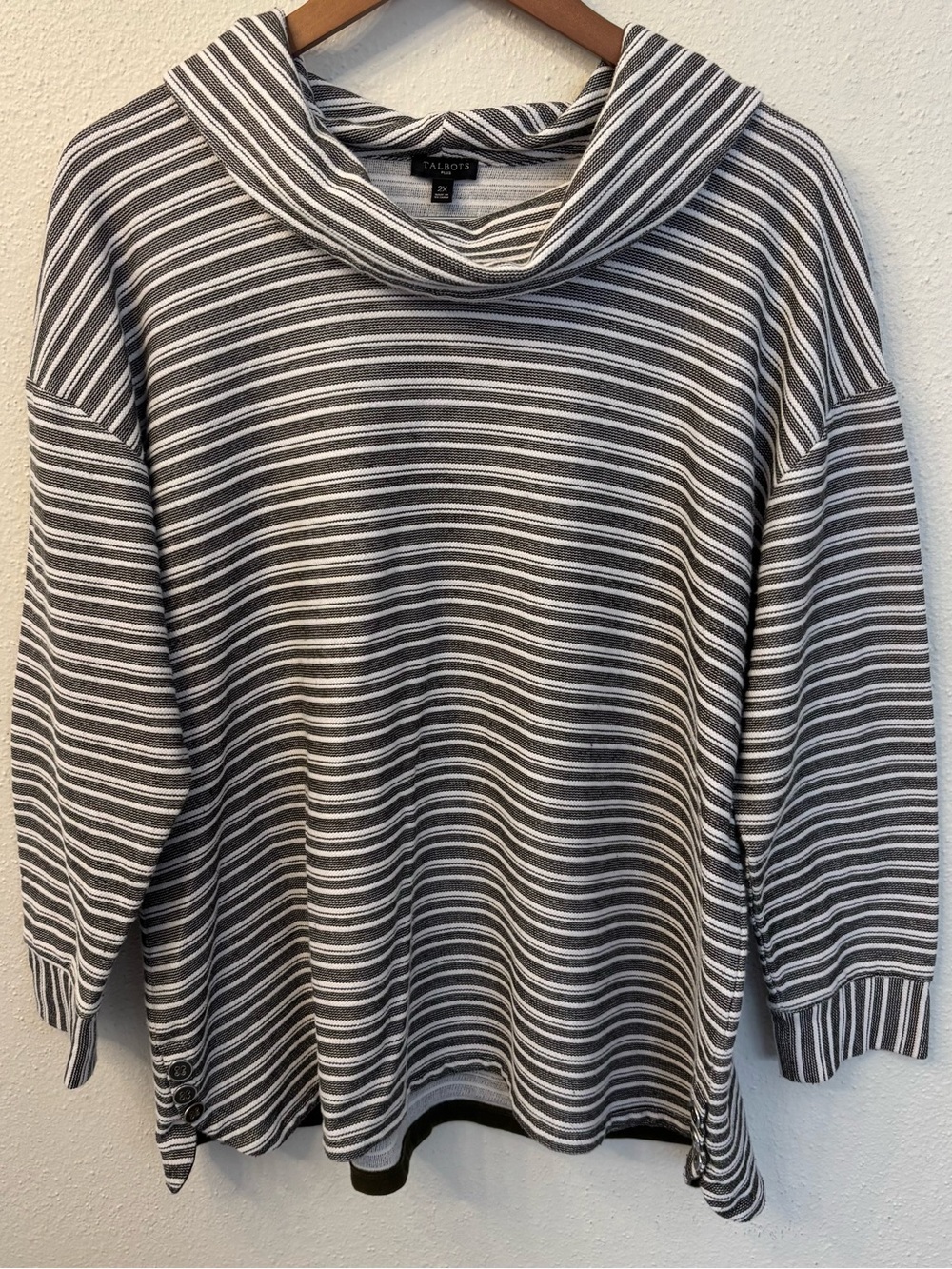 Talbots Plus Striped Cowl Neck Pullover with Side Buttons Dark Gray & White 2X